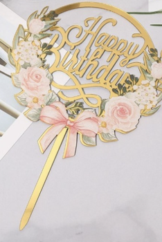 Torten Topper - Happy Birthday - Gold Rosen